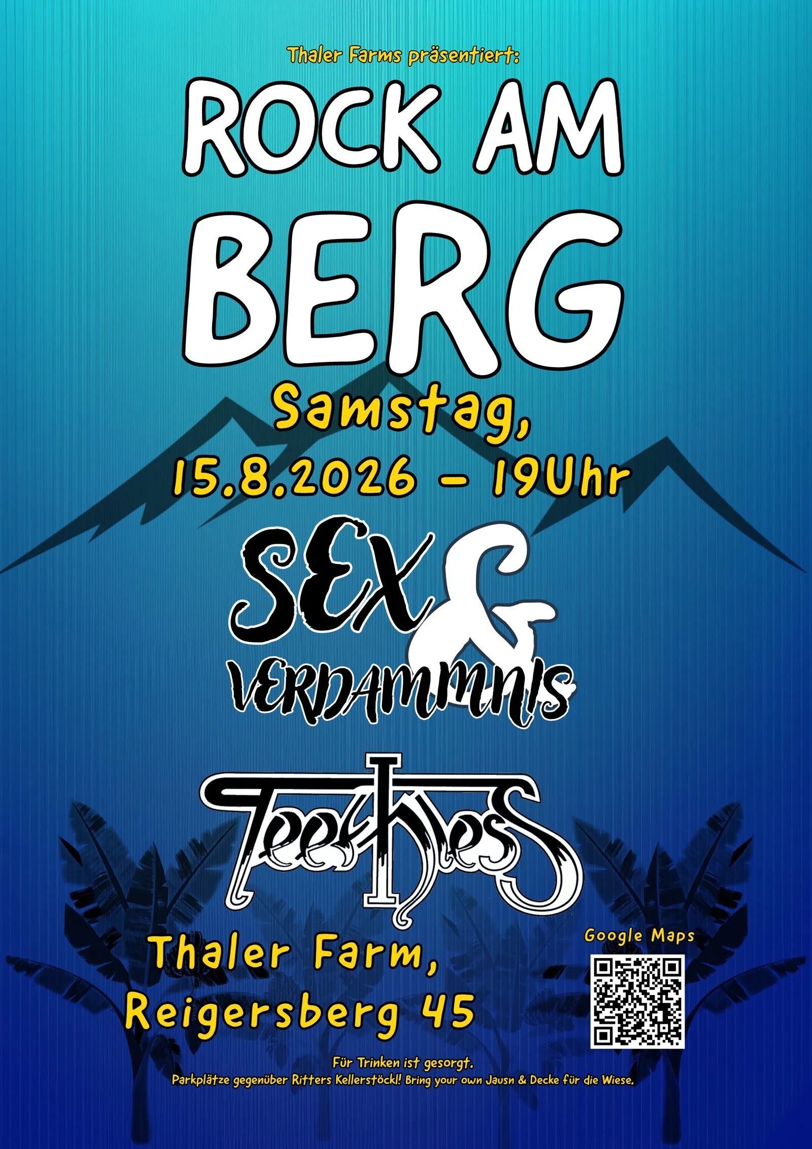 Plakat Rock am Berg 2026, Thaler Farm Reigersberg 45, 15. August, Beginn 19 Uhr — Line-up mit Sex & Verdammnis