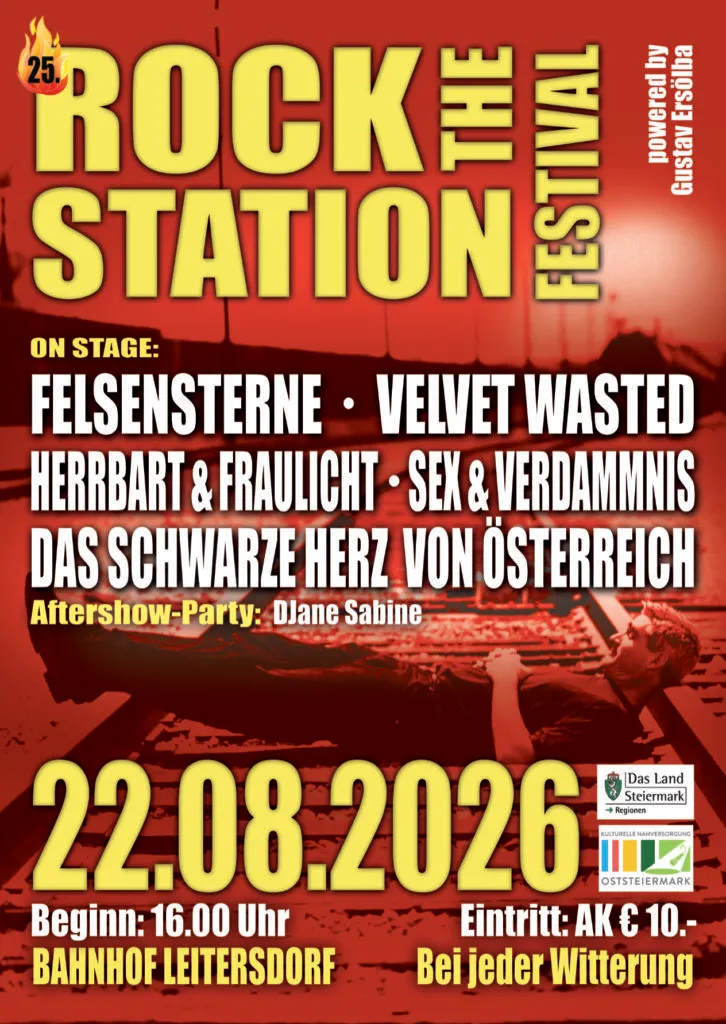 Plakat Rock the Station Festival 2026, Bahnhof Leitersdorf, 22. August, Beginn 16 Uhr — Line-up mit Sex & Verdammnis
