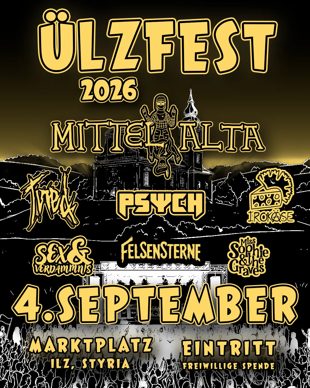 Plakat Ülzfest 2026, Marktplatz Ilz, 4. September — Line-up mit Sex & Verdammnis